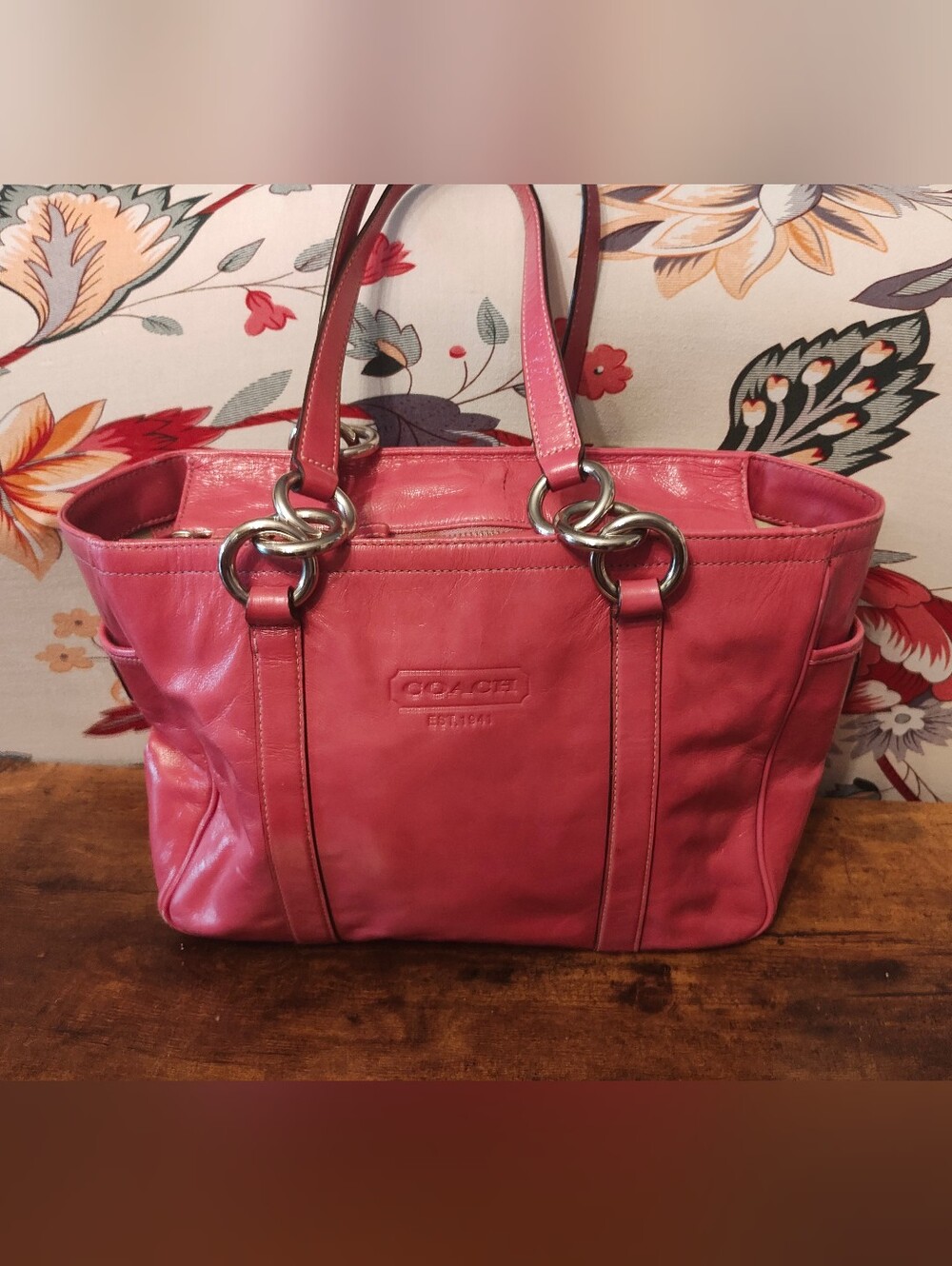 Coach Pink Leather Shoulder Tote with Silver Rings